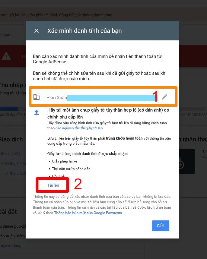 Cách xác minh thanh toán Adsense sau khi đủ 10$ bằng CMND