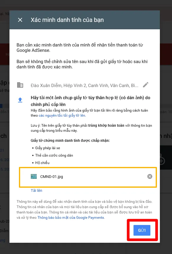 Cách xác minh thanh toán Adsense sau khi đủ 10$ bằng CMND
